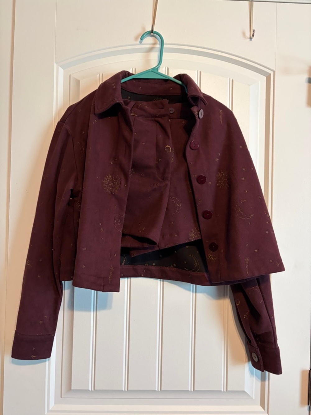 Women's Burgundy Cropped Jacket with Metallic Star & Moon Detail